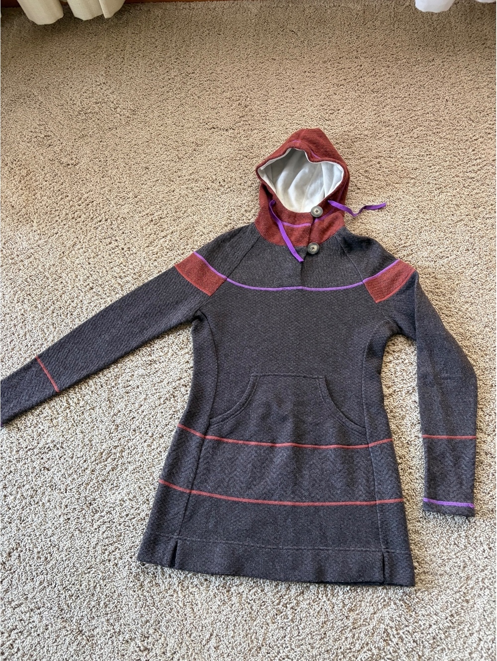 prAna Caitlyn Tunic Sweater XS Italian Wool Blend Hooded Button Colorblock Boho